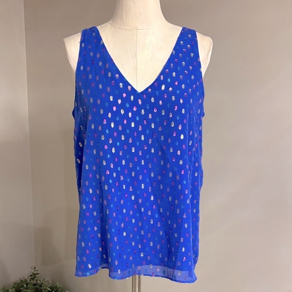 Lilly Pulitzer Florin SILK Royal Blue metallic polka dots Tank top V neck / back - Picture 11 of 12